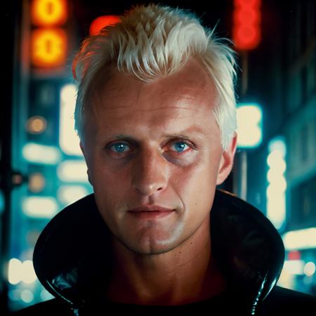 <lora:roy_batty-black jacket-29:1> roy_batty,black jacket,close-up,city street,blade runner,neon lights,futuristic city,masterpiece,bokeh,dof,soft lighting