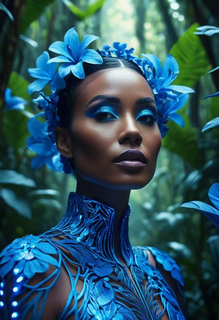 cinematic film still neon art fashion photography portrait of blue human avatar, in blue lush jungle with flowers , 3d render, cgi, symetrical, octane render, 35mm, bokeh, 9:16, (intricate details:1.12), hdr, (intricate details, hyperdetailed:1.15), (natural skin texture, hyperrealism, soft light, sharp:1.2), vibrant, glowing, modern, highly detailed . shallow depth of field, vignette, highly detailed, high budget, bokeh, cinemascope, moody, epic, gorgeous, film grain, grainy