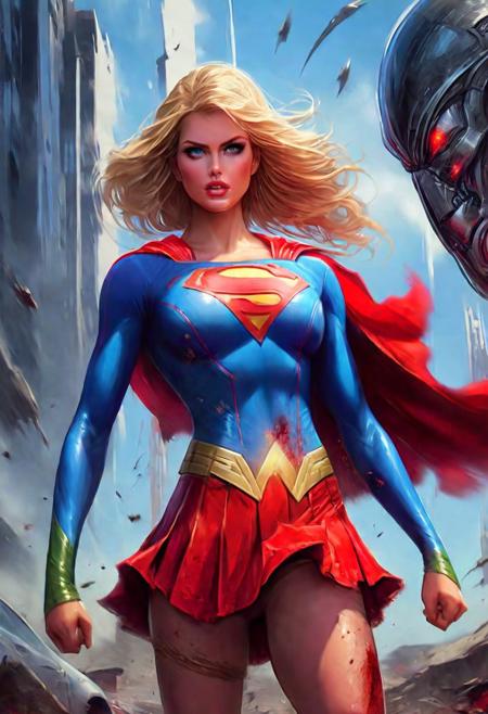 High resolution ultra-realistic of Beautiful Supergirl fighting against alien invasion, cinematic style, standing on a bloody and stormy battlefield on the street in fighting pose, bloody massacre, realistic blue combat costume, red mini skirt, red cape, perfect athletic figure, wavy blonde hair, handsome dirty bloody face, beautiful perfect detailed pupils, wet oily shiny skin, covered in dirty and blood, beautiful firm Breasts, defiant and attractive, sexy attractive 21 year old girl, 8k resolution concept art portrait by Greg Rutkowski, Dark Gotham City, Artgerm, WLOP, Alphonse Mucha, dynamic lighting, hyperdetailed, intricately detailed, Splash art trending on Artstation triadic colors, Unreal Engine, 5 volumetric lighting, Cinematic Lighting, intricate, smooth, sharp focus digital painting, Asymmetrical Balance, painting, dynamic lighting