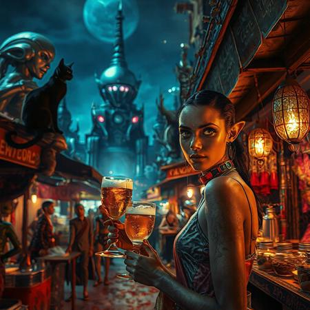 Setting is an extraterrestrial alien street market at night in a city of an extremely advanced extraterrestrial civilization, ((all writing is in an alien script)), ((all lighting is exotic and of an extremely advanced technology.,  the market is comprised of street vendors selling food, exotic technological wonders, and alien EXOTIC sexy clothing made from colorful iridescent fabrics. (((The many alien beings in view have a variety of appearances some are human-like, others are insectoid or feline or canine or reptilian, they are wearing a variety of clothing are walking through the street market shopping and eating))), A black cat with red collar sits on a nearby wooden roof at a market kiosk. Behind the a kiosk counter are containers of exotic goods, (((a beautiful woman with exotic features, 24 years old, is standing in the foreground facing the viewer with a her hand holding a jeweled goblet containing a glowing beer. Her eyes are detailed and have the luminescence of fiery beautiful jewels focused on the viewer, she has an expression of interested curiosity))), the being is dressed in exotic style clothing of a completely exotic aesthetic. Enormous metallic statues and temples are visible in the background and around the scene and smaller statues are prevalent in the market, Epic image that elicits a feeling of wonder and awe, (((many types of aliens are walking around the market))),