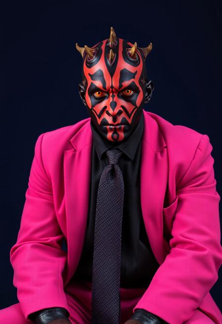 ​A studio shot hyper-realistic portrait of Darth Maul. He is sat in a bright pink two-piece suit, crisp black shirt and tartan tie against a dark blue backdrop. He looks directly toward the camera. Professional studio portrait photography with classic portrait lighting and shallow depth of field against a seamless backdrop.