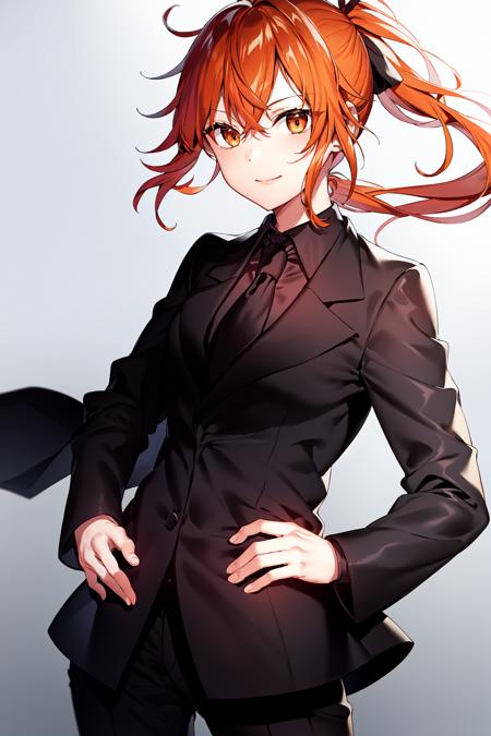 GD5, 1girl, solo, necktie, pants, formal, hand on hip, shirt, suit, black necktie, ahoge, jacket, looking at viewer, black pants, smile, long hair, orange hair, pant suit, ponytail, hair between eyes, floating hair, black jacket, long sleeves, standing, orange eyes, collared shirt, closed mouth, black shirt, bangs, wing collar, <lora:Gudako_1:0.7>