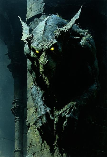 Painterly dark fantasy illustration, style of Brom and Zdzisław Beksiński. Low-angle close-up: Ancient stone gargoyle's head tilts upward, baleful phosphorescent yellow eyes glowing intensely from deep sockets. Weathered, pitted stone covered in grime and faint moss, rendered with visible, textured brushstrokes. Dramatic moonlight carves sharp highlights against abyssal shadows. Swirling nocturnal mist clings to the cathedral spire perch. Atmosphere of brooding menace, ancient sentience awakened. Hints of distant, blurred medieval city lights far below.