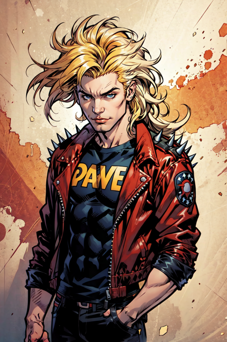 solo, long hair, blonde hair, 1boy, male focus, punk clothing, leather jacket, patches, clothes writing, spikes, shoulder spikes, in the style of jim lee, in the style of joe mad, in the style of andy kubert, art by artgerm,(zentangle, mandala, tangle, chaos, disorder, spider webs, entangle:0.6),