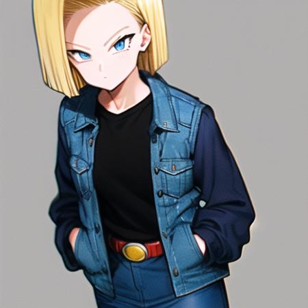 toriyama_akira , dragon ball, (dragonball z), 1girl, solo, android 18, blonde hair, blue eyes, short hair, simple background, belt, hands in pockets, white background, jacket, looking at viewer, black shirt, pants, shirt, denim, closed mouth, blue jacket, long sleeves, denim jacket, skirt, <lora:android18:0.5><hypernet:sgqo1n:1.0>