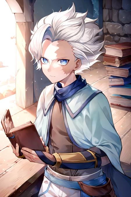 1boy, <lora:belafSageMadeInAbyss:1>, belafsage, blue eyes, burn scar, looking at viewer, holding book, vambraces,, Masterpiece, best quality, Masterpiece, best quality, Masterpiece, best quality, Masterpiece, best quality, Masterpiece, best quality, Masterpiece, best quality