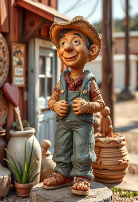 Sculptural clay artwork of heartwarming street art: a painted figure in vibrant Americana style, strong hard light, modeled shapes, textured surfaces, direct harsh shadows.  The artwork emphasizes nostalgic themes, rural scenes, and romanticized realism.