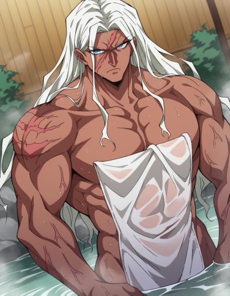 sakura oogami, long hair, white hair, dark skin, dark-skinned female, muscular, scar, muscular female, shirt, school uniform, serafuku, sailor collar, bandages, blue sailor collar, bandaged arm,