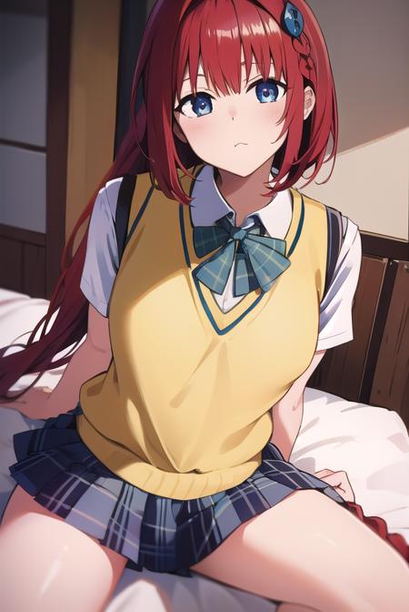 meakurosaki, <lyco:meakurosaki-LYCORIStest:1>,
mea kurosaki, ahoge, blue eyes, braid, hair intakes, hair ornament, long hair, red hair, hair braid,
BREAK green skirt, plaid, plaid skirt, sainan high school uniform, school uniform, skirt, shirt, white shirt, sweater vest, (yellow sweater vest:1.5),
BREAK looking at viewer,
BREAK indoors, classroom,
BREAK <lora:GoodHands-vanilla:1>, (masterpiece:1.2), best quality, high resolution, unity 8k wallpaper, (illustration:0.8), (beautiful detailed eyes:1.6), extremely detailed face, perfect lighting, extremely detailed CG, (perfect hands, perfect anatomy),