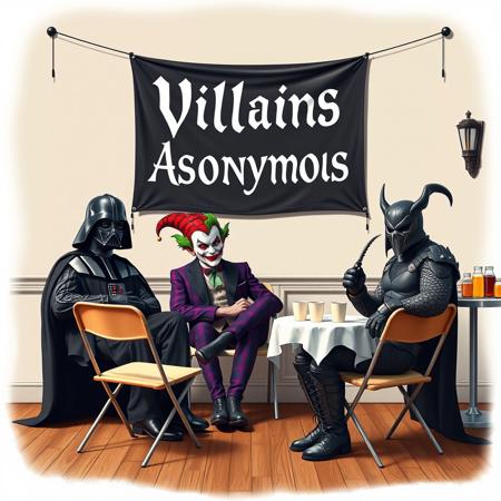 darth vader, the joker, (the red queen from alice in wonderland), and the predator are sitting on folding chairs in a half circle, a banner is hanging on the wall that reads "Villains Anonymous", a table with refreshments is off to the side, photo-realistic, high definition