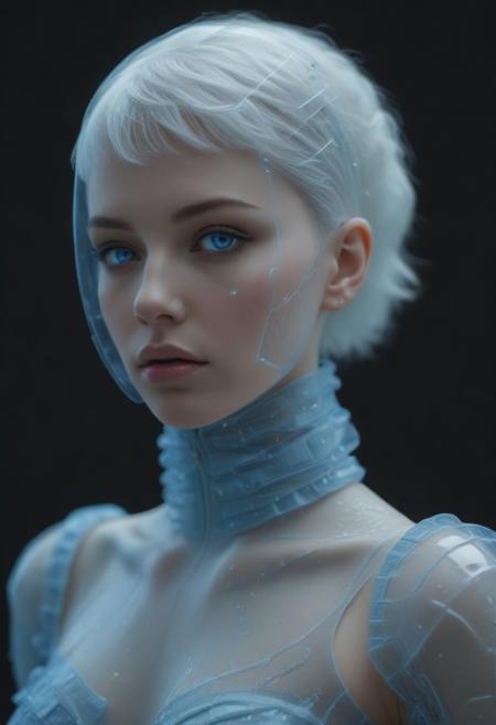 Cyberpunk  girl, wearing a blue christal dress, futuristic, pattern dress, high collar, corset bodice,elegant ruffles, subtle pearl accents, futuristic neon highlights, biomechanical implants, glowing cybernetic eyes, sleek metallic facial lines, translucent cs-cr1stal-v2 visor, cybernetic ear enhancements, soft silver-white hair, intricate circuit patterns on skin, luminous tattoos, atmospheric neon reflections, futuristic cityscape, concrete, soft ambient glow, cinematic lighting, ultra-detailed, 8K, hyper-realistic, ethereal cyber-Victorian fusion, cjdl