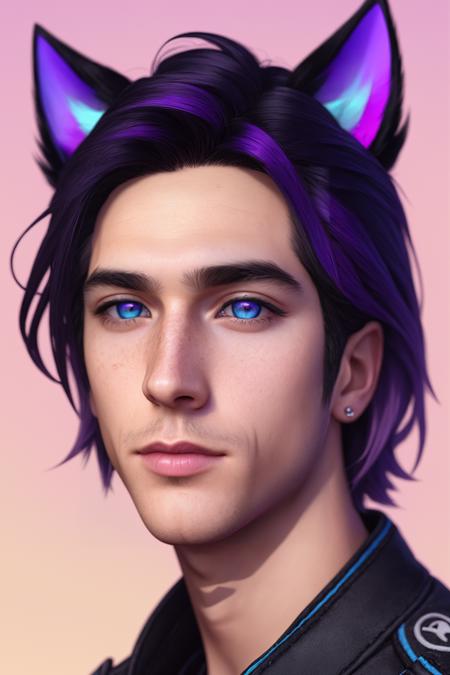 Maverick Ellis Rowe,  1boy,  male focus,  solo,  looking at viewer,  short hair,  blue eyes,  black hair,  animal ears,  jacket,  purple hair,  parted lips,  cat ears,  lips,  colored sclera,  freckles,  realistic,  nose, <lora:EMS-48054-EMS:0.400000>