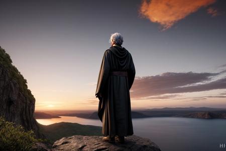young man, grey hair, green eyes, tall, Sith, black jedi robe, standing on a cliff, looking at the sunset, mystical, epic, detailed, ultra realistic, HD.