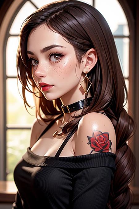SFW,highest quality,woman,27 year old,backlighting,black choker,blurry background,blush,closed mouth, mrtal slave collar,earrings,forehead,freckles,hair over shoulder,jewelry,long hair,looking down,pointy nose, red lips glossy,shadow, full length, solo,thick eyebrows,thick eyelashes,upper body,red hair,braids,tattoos,tattoos on arms,black rose tattoos on neck,sun beams,warm light,cozy,((masterpiece)),