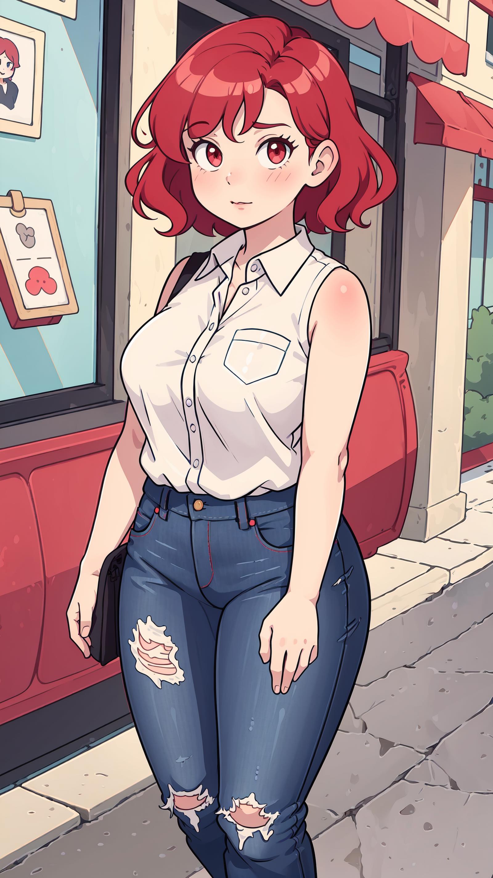 A cartoon woman wearing a white shirt and blue jeans.