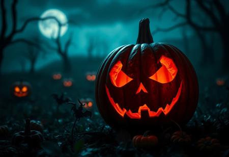 A jack-o-lantern with a scary face in a haunting landscape, best quality, high detail, Cinematic lighting, halloween, glowing eyes