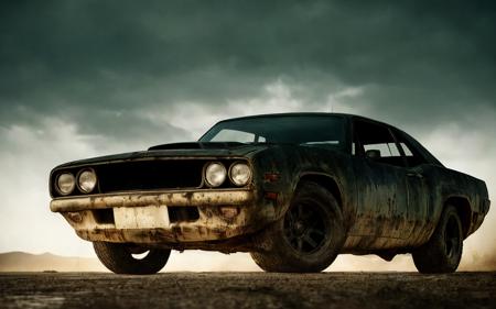 cinematic, filmic image 4k, 8k with [George Miller's Mad Max style]. The image should be captured in a [wide-angle view] and depict [single] a [post-apocalyptic] V8 [muscle car]. The car's paint is a [black] covered in a spots of [rust] and thin layer of smooth [dust] and [dirt], making it appear [rugged] and [gritty] but with visible [black color] The car's body should be [sleek] and [aerodynamic], giving it a [low] and [aggressive] stance that conveys [power] and [speed]. The front of the car should feature a [distinctive] front nose cone with [rectangular lights] that adds to its [intimidating] appearance. The car's wheels should be [large] and [sturdy], with [thick] tires that can handle the [rough] terrain of the [post-apocalyptic] wasteland. The rims should be made of [durable] metal with a [unique design] that showcases the car's [individuality]. In addition, the car should have [eight exhaust side pipes]. The car should also feature a Weiand 6-71 [supercharger] mounted on the hood, protruding through the bonnet. Car should be designed to look both [powerful] and [functional], built to withstand the [harsh] conditions of the [post-apocalyptic] wasteland. The image should be [ultra-realistic], with [high-resolution] captured in [natural light]. The lighting should create [soft shadows] and showcase the [raw] and [vibrant colors] of the car. The image should be a highly-detailed photography set in a [post-nuclear], [fallout] like setting, conveying a sense of [danger] and [grittiness]. The final image should be a [masterpiece], with a [realistic portrayal] of the Interceptor that is both [intimidating] and [awe-inspiring]. Background should contain [empty desert highway], image takes place before the storm, with the [hot summer sun] still shining brightly in the sky, but in the distance, the sky is a [dark and foreboding shade of blue], hinting at an impending storm