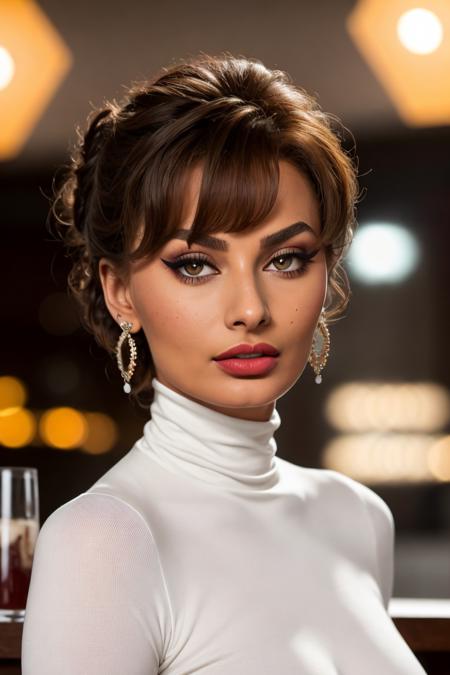 photo of extremely sexy (s0ph1al0ren-140:0.99), a woman as a sexy student, closeup portrait upsweep updo, (white tight long sleeve turtleneck top), at a cantina sitting bar (masterpiece:1.5) (photorealistic:1.1) (bokeh) (best quality) (detailed skin texture pores hairs:1.1) (intricate) (8k) (HDR) (wallpaper) (cinematic lighting) (sharp focus), (eyeliner), (painted lips:1.2), (earrings)