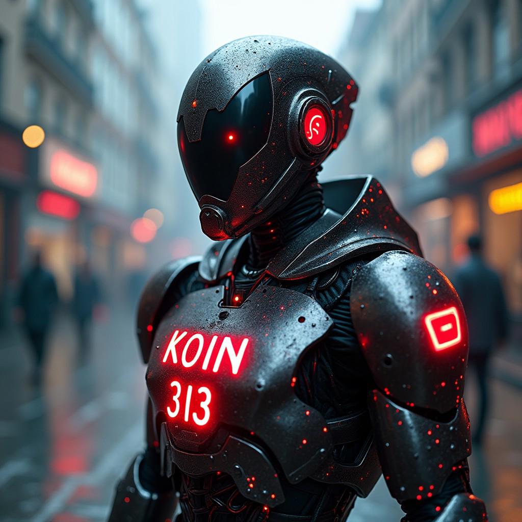 android with metallic advanced armor, weaponry, and helmet, neon red, the word KOIN313 is written on the chest in glowing neon red letters, street, overcast, reflection mapping, intricate design and details, dramatic lighting, hyperrealism, photorealistic, cinematic, 8k, 50mm f2 portrait photography, cyberpunk background, gfx100 camera, looking the camera, hard rim lighting photography. Highest-Quality, 4k, intricate details, visually stunning, Masterpiece