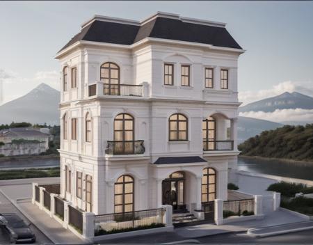 ultra realistic, best quality, ultra highres,
neoclassical_exterior, modern villa, traffic street, cloud sky, daylight, moutain and lake background<lora:neoclassical_exterior-000010:0.6>