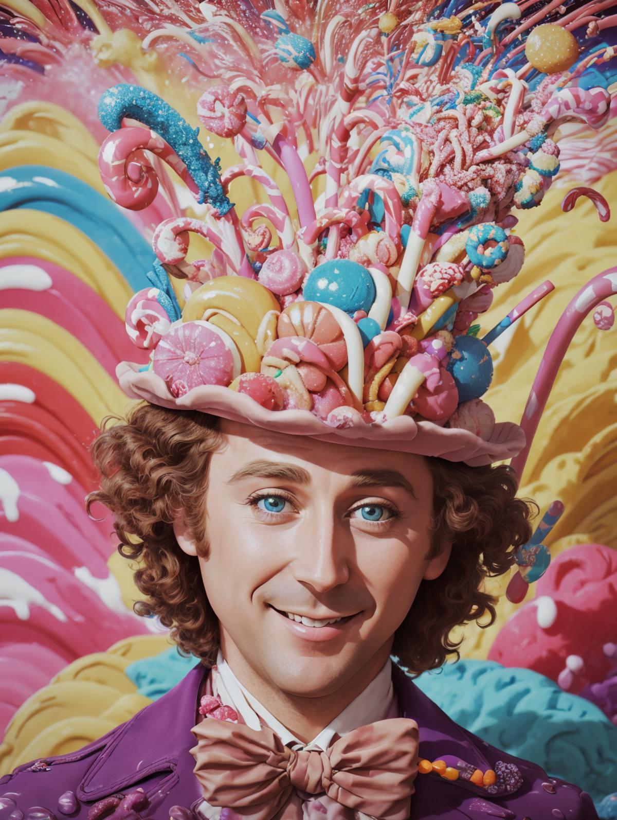 A colorful painting of a smiling man wearing a whimsical hat with candy canes on it.