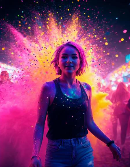 professional 3d model (a person at the festival:1.1), vivid colors, high contrast, blurry crowd on background, lights on background in fluorescent colorful dust, colorful explosion, dust splashes, fluorescent dots, fluorescent grain, vivid colors, luminous and colorful designs, dark blurry background, short exposure time . octane render, highly detailed, volumetric, dramatic lighting, futuristic style (a person at the festival:1.1), vivid colors, high contrast, blurry crowd on background, lights on background in fluorescent colorful dust, colorful explosion, dust splashes, fluorescent dots, fluorescent grain, vivid colors, luminous and colorful designs, dark blurry background, short exposure time . sleek, modern, ultramodern, high tech, detailed, cybernetic style (a person at the festival:1.1), vivid colors, high contrast, blurry crowd on background, lights on background in fluorescent colorful dust, colorful explosion, dust splashes, fluorescent dots, fluorescent grain, vivid colors, luminous and colorful designs, dark blurry background, short exposure time . futuristic, technological, cybernetic enhancements, robotics, artificial intelligence themes, Atompunk illustation, (a person at the festival:1.1), vivid colors, high contrast, blurry crowd on background, lights on background in fluorescent colorful dust, colorful explosion, dust splashes, fluorescent dots, fluorescent grain, vivid colors, luminous and colorful designs, dark blurry background, short exposure time . retro-futuristic, atomic age aesthetics, sleek lines, metallic textures, futuristic technology, optimism, energy