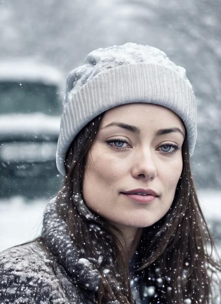 RAW photo of a sks woman, sitting in outdoor car ,winter ,snowy , ((wearing cap)), (detailed face), grunge, ((visual kai)),  ((full body)), (high detailed skin:1.2), 8k uhd, dslr, soft lighting, high quality, film grain, Fujifilm XT3, <lora:locon_olivia_v1_from_v1_64_32:1.3>