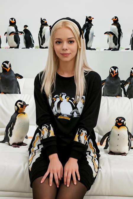 (((1girl surrounded by multiple penguins:1.2))) Professional photograph, long angle shot of 25 year old blonde woman <lora:quiron_ElsaJean_v1_lora:0.6>, elsajeanquiron she's wearing a full body cute pyjamas. She's sitting on a long couch in a white-walled living room, homely background. ((there are penguins behind her and at her sides)). (((multiple black penguins around her))), absurdres, highrest, 8k, masterpiece, highest quality, masterpiece, award winning shot, comical picture, funny vibes.