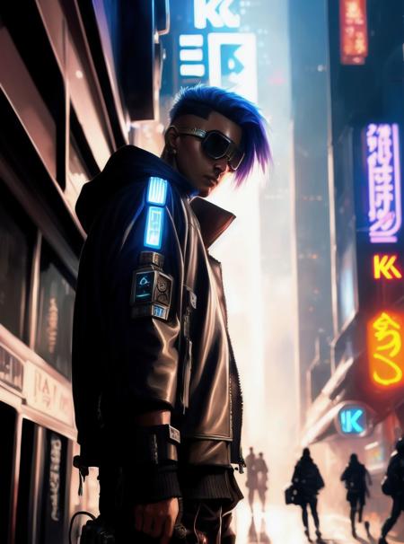 modelshoot style, (extremely detailed 8k wallpaper), block paint depicting a character in a cyberpunk street, posed character design study, backlit, light rays, highly detailed, trending on artstation