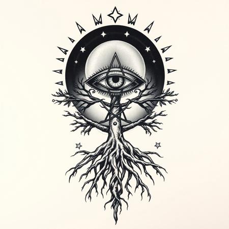 tattoo design, occult hermetic symbolism, eclipse, eye, roots, tree of life, chaos star