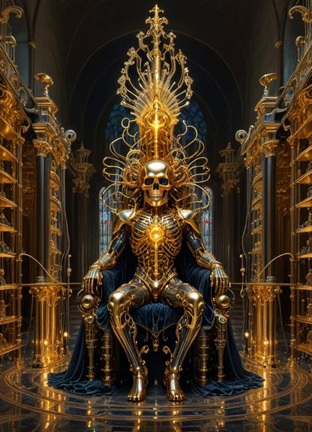 :qu4ntum style, a regal (golden skull) adorned with intricate quantum jewels, wearing an opulent (Victorian-inspired quantum gown) with glowing circuit patterns replacing lace and a high collar made of energy fields, holding a quantum scepter, seated on a throne within a grand hall blending baroque architecture with quantum technology, style of Alphonse Mucha meets Giger's biomechanics, royal punk
