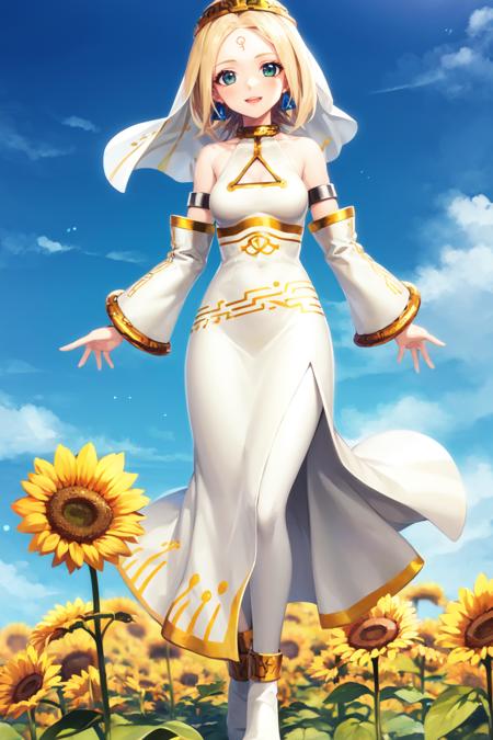 finasa forehead mark, circlet, earrings, veil, white dress, cleavage cutout, armlet, detached sleeves, white pantyhose, boots, white footwear, side slit green eyes