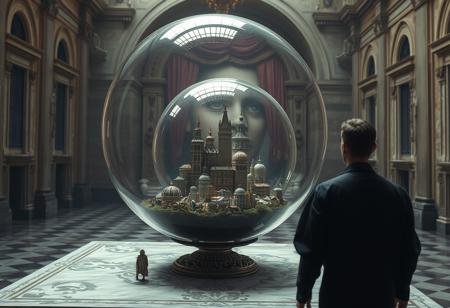 The image depicts a city trapped within a glass sphere, a delicate yet impenetrable prison that isolates it from the outside world. This sphere rests on a table in a grand hall.
A person approaches, astonished, and realizes that it’s not just a miniature city but a living one. The tiny inhabitants, aware of their observer, look up with awe and terror as they see the giant face peering down at them. To them, it’s as if an omnipotent being fills their sky, creating a blend of fascination and fear.
The hall remains eerily silent, heightening the drama of the scene. The encounter between the observer and the observed is filled with wonder and subtle horror, where both sides feel a strange mix of power and vulnerability, in a moment that is deeply unsettling and captivating.