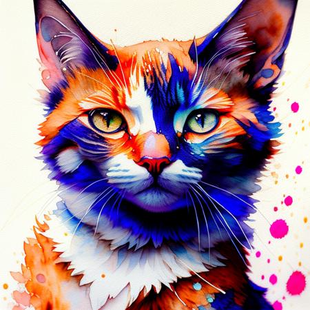 wtrcolor style, Digital art of (cat character), official art, frontal, smiling, masterpiece, Beautiful, ((watercolor)), face paint, paint splatter, intricate details. Highly detailed, detailed eyes, [dripping:0.5], Trending on artstation, by Rachel Walker