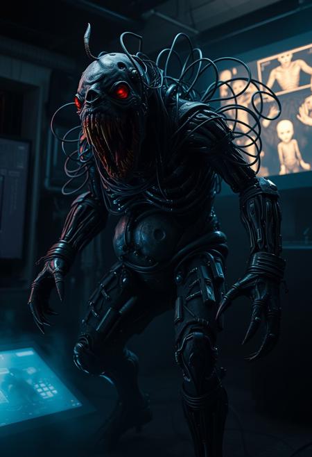 A terrifying biopunk creature, cybernetic body horror, dark room, screen glow, cables and wires, fat Fleshy undead beast