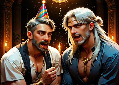 2 men, god zeus, god hades, celebrating, party hats, fire and thunder everywhere, (background: olympus), rating_safe, IL_lazypos, masterpiece, best quality, detailed face, detailed eyes, 4k, 8k, masterpiece, high_quality, highres, sharp_focus, detailed_eyes,, <lora:IL_illustriousXL_stabilizer_v1.23:1.0>, <lora:IL_Detailer_NoobAI_Incrs_v1:1.0>