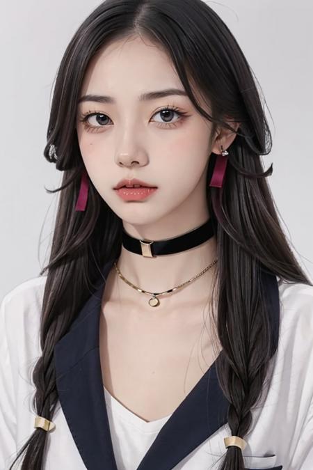 <lora:fujikawa-20:1>, 1girl, solo, long hair, fang out, ringlets, pale color, purple theme, upturned eyes, eyelashes, ribbon choker, ribbon, school uniform, hair ribbon, shirt, white background,