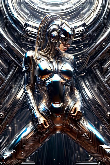 <lora:add_detail:1> <lora:ChromeTech:1> (masterpiece, best quality, realistic, detailed, sharp:1.2), intricate details, 1girl,  chrometech, android, scifi, ((explosive pose)), expressionism, movie still, ((liquid metal)), metal reflection, symmetrical, clear reflection, clean metal, chrome, ballroom background