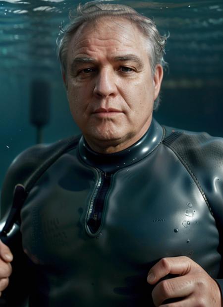 (<lora:MarlonBrandoOld:1>) a close up Portrait photo of (mbo1) man with grey hair, Detailed face, (perfect eyes), (highly detailed skin:1.1), fat body, wearing a ((Marine Biologist's Wetsuit, Underwater)), Modelshoot style, Professional Photography, soft lighting, PHOTOREALISTIC, Realistic, standing in a dark studio background, blurred background, volumetric fog,. RAW, analog style, sharp focus, 8k, HD, DSLR, high quality, Fujifilm XT3, film grain, award winning, masterpiece,