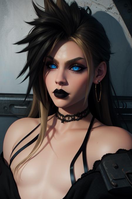 Cloud, long blonde hair, spiked hair, blue eyes,  solo,  sitting,  upper body,  black eyeliner,  looking at viewer,  lip gloss, black hair ribbon,   black dye, dark lipstick,   black choker,  serious, 
night,  industrial,  cyberpunk, 
(insanely detailed, beautiful detailed face, masterpiece, best quality)  <lora:Cloud:0.7>