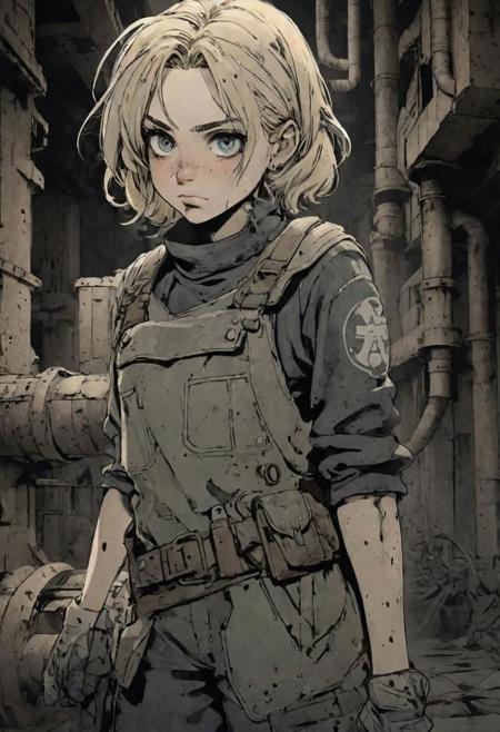 sfw, anime, 2d, thick lines, ink style, dim light, natural backlighting, in a dark smoky old bunker from 1940, brutalist, cement, concrete, steel pipes, aluminium ducts, dirty, greasy, rusty, illustration drawing of a  platinum blond gothic mecanics girl, 18 yo, (handling a wench:1.5), (fixing a mechanic motor:1.5), (black thighighs:1.5), (short white miniskirt:1.5), (black mini croptop:1.5), (iron collar:1.5), (bangles:1.5), (black leather aviator goggles:1.5), small perky breasts, round hips, big ass, fat thighs, bob haircut, middle parted, short pointy front bangs, haunted sinister expression, slightly parting lips, detailed face, intricately detailed, dramatic LUT