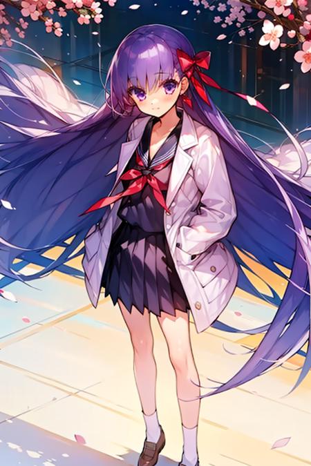 Sakura Sakura, 1girl, solo, purple hair, long hair, purple eyes, matou sakura, ribbon, hair ribbon, looking at viewer, school uniform, bow,