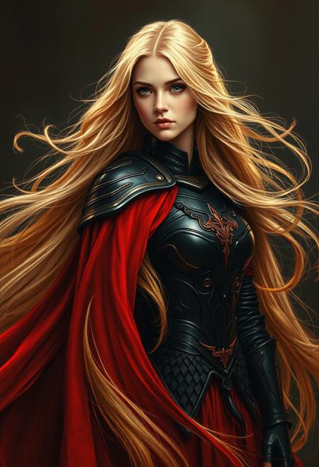 A blonde woman with long hair wearing black and red armor, flowing in the wind like flames of fire, in the style of Alex Alemany. This fantasy art style painting features high detail, high resolution, perfect details, perfect colors, a dark background, cinematic lighting, a beautiful composition, detailed, high definition, sharp focus, intricate details, hyper-realistic, super detailed, very professional, and very smooth
extremely long hair, 100-feet of hair, super long hair, real rapunzel, rapunzel, rapunzel long hair, hair fetish, hair job, Dreamgirl, Goddess, gorgeous, amazing hair, longest hair, perfect hair, longest hair ever, hairstyles, hairstyling, hair, Debra Jo hair, extreme hair, extreme long hair, extremely long hair, Debra Jo, extreme longest hair, voluminous hair, thick and luxurious hair which is hangs to the floor and covers it. Her expression radiates confidence as she shows off her thick, luscious locks. super thick soft luxurious long lush sleek heavy voluminous cascading pendulous ultra silky pendulous shampoo commercial hair dragging the ground, around her on floor, hair piles behind her on floor