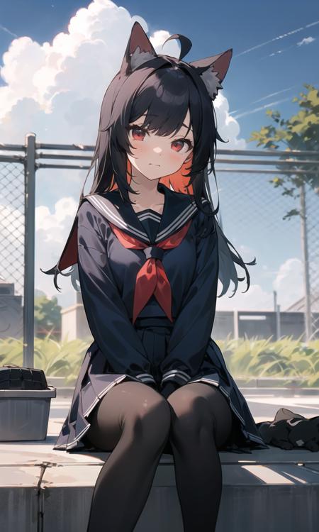 ((masterpiece, best quality)),a girl, solo, skirt, sky, sitting, pantyhose, serafuku, cloud,black gloves, outdoors, neckerchief ,day, bangs, fence, shirt, ahoge, rooftop, long hair, white pantyhose, black hair, school uniform, white sailor collar, red eyes, sailor collar, blue skirt, red neckerchief, blue serafuku, animal ears, blue sky, long sleeves, blue shirt, looking at viewer, closed mouth,cat ears, chain-link fence, pleated skirt, cloudy sky, trash can