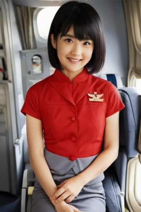 wearing caluniform,a woman in a red shirt and grey skirt,short black hair,wearing round glasses,pretty face,pretty shiny skin, big eyes,long eyelashes,extremely detailed eyes and face, beautiful detailed nose, beautiful detailed eyes,smile,masterpiece, best quality, real,realistic, photo,photorealistic, 8k wallpaper,real light,real shadow,detailed light,cinematic lighting,airplane interior,nude pantyhose,high heels