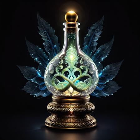 Sn4ke in a emerald bottle on a beautiful intricate stand. Emitting light. Glowing, mystical aura, polished glass, magical reflections, intricate stand, swirling mist, enchanted object, spiritual energy, mysterious shine. Black background.