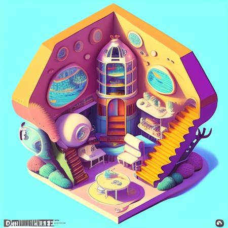 a bright photo of the Isometric_Dreams, a house with a staircase and a living room in it and flowers around the house and a staircase leading to the upper floor