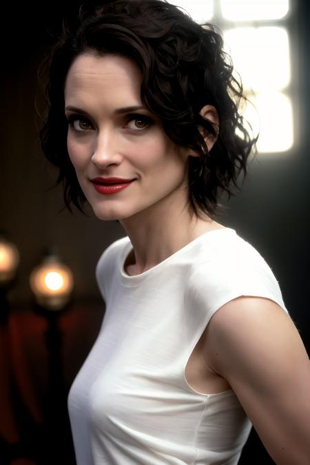 standing, ((close up. head shot)), conservative dress code, formal photo of Winona_Ryder ,<lora:Winona_Ryder-000017:0.5>, 1girl , pale skin, dark hair,  brown eyes, White t-shirt, jeans, posing for a picture in a room , modeling with smile, well lit, , goth,  alluring sexy lighting, magical lighting, cinematic lighting, in focus on face, horror movie, dark hair pale skin red lips,