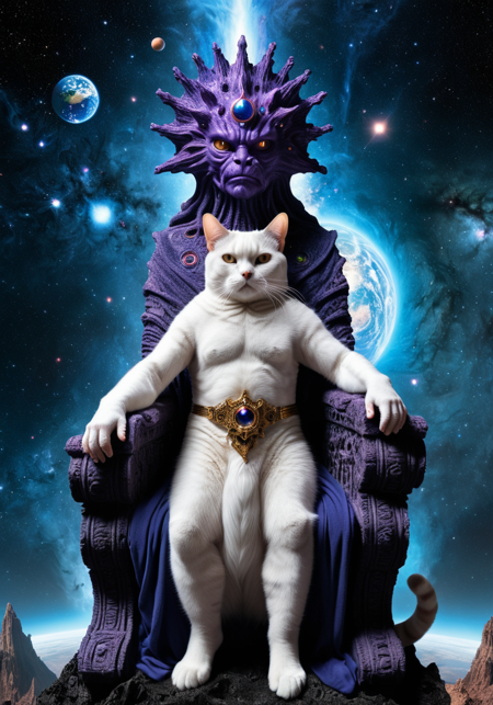 hyperrealist photo of galactic emperor of chaos and mandelbulb throne, most bulky cat lord of  the universe, (commanding mortals random pose:2.0),  immense pathos, haughtiness, galaxy palace, Dark art, biblical scale, blockbuster  <lora:xl_more_art-full_v1:0.5> <lora:zhibi:0.5> zhibi