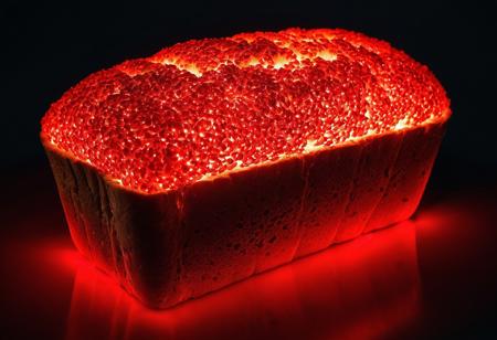 A Loaf Of Bread made out of glowing red Kryptonite, solo, early morning, No Humans